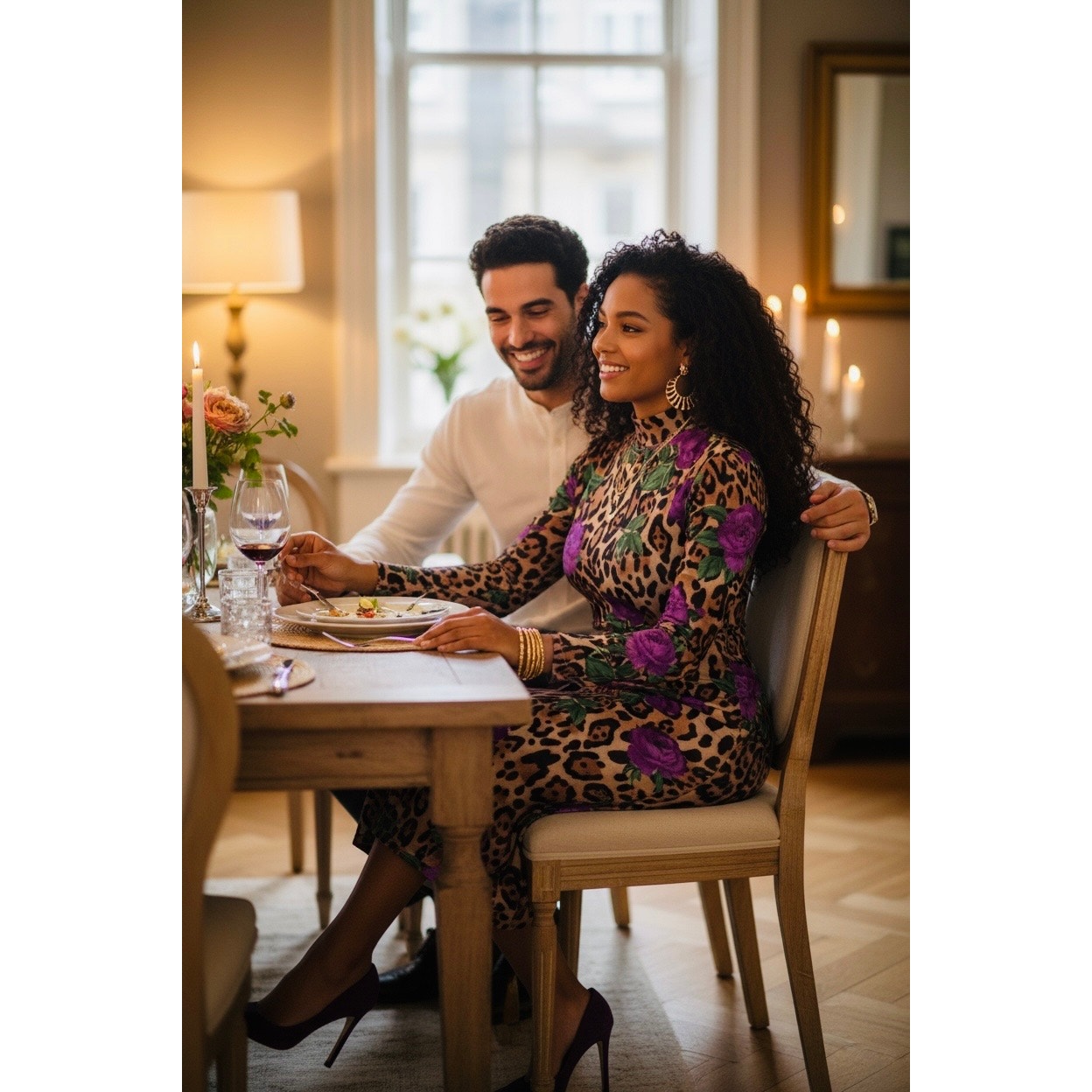 DRESS: Purple Floral w/Leaves & Cheetah Bodycon High Neck, & Long Sleeves, NWOT