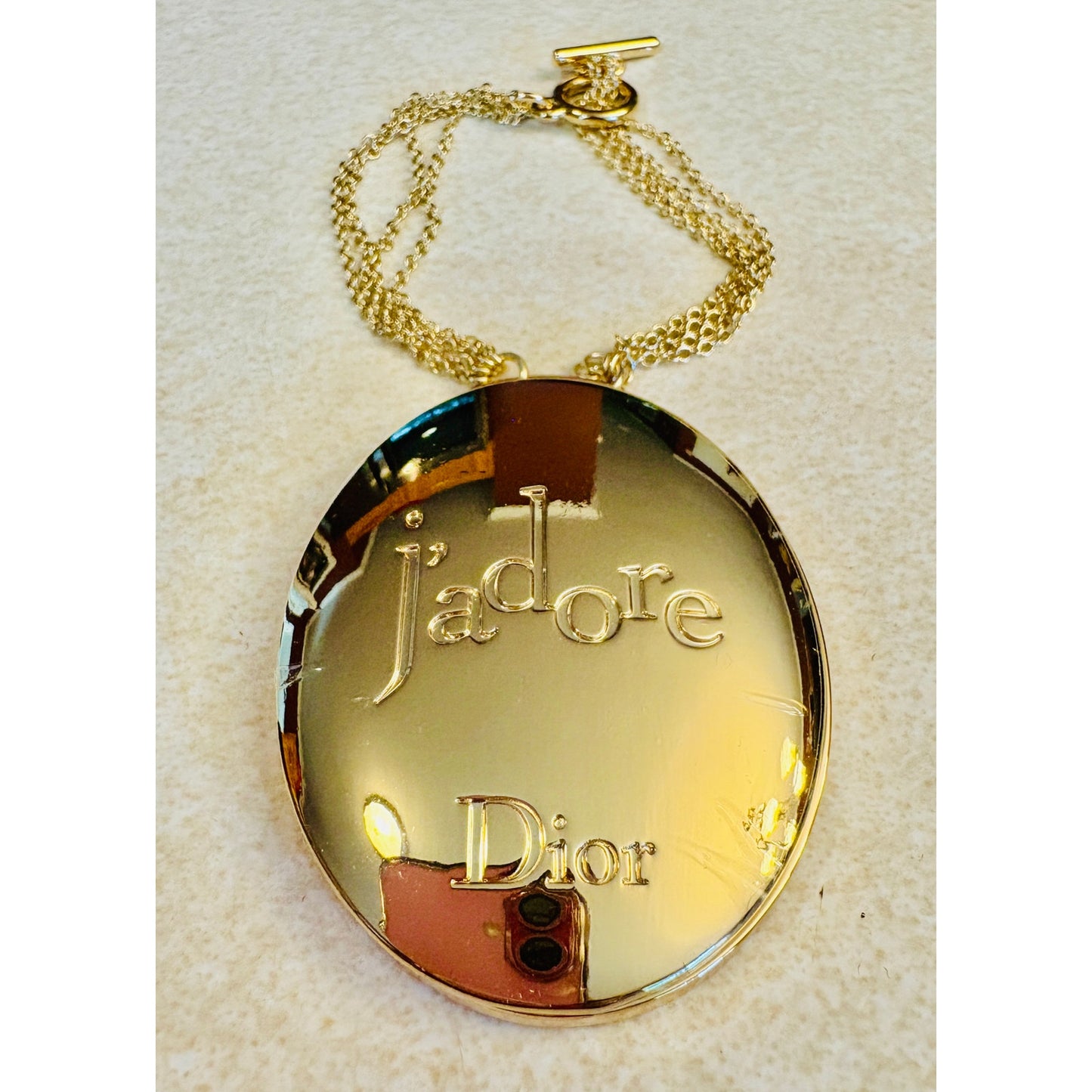 COMPACT MIRROR: j’adore DIOR Golden Tone w/Matching 3 Link Chain Wristlet, NWOT