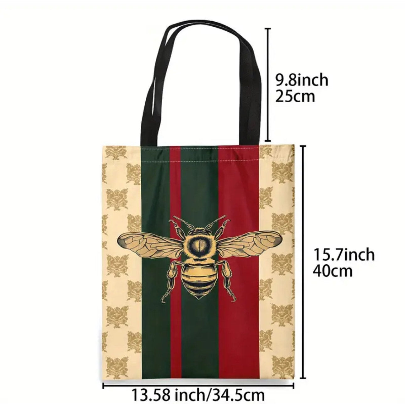 PURSE: Beige, Green, & Red Canvas Tote w/Bee Design, NWOT