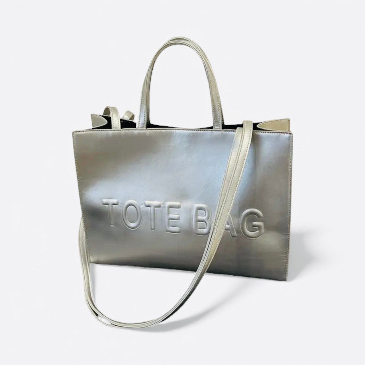 PURSE: Silver Pleather “TOTE BAG,” Lg Adj Crossbody w/Hardware Closure, NWOT