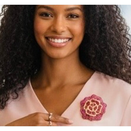 BROOCH: Vintage Style Elegant Pink & White Camellia 3D Pin w/Sparkling Gemstones