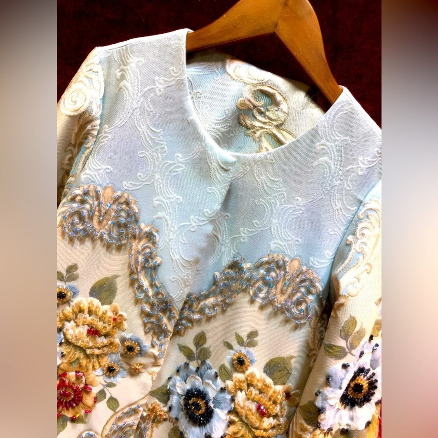 French Jacquard Coat w/3D Beaded Embellishment, Chanel Hanger & Garment Bag, EUC