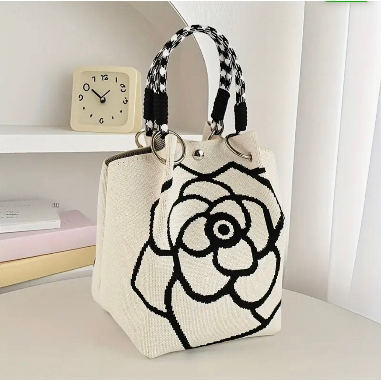 PURSE: White & Black Floral Polyester Shoulder Bag w/Magnetic Closure, NWOT