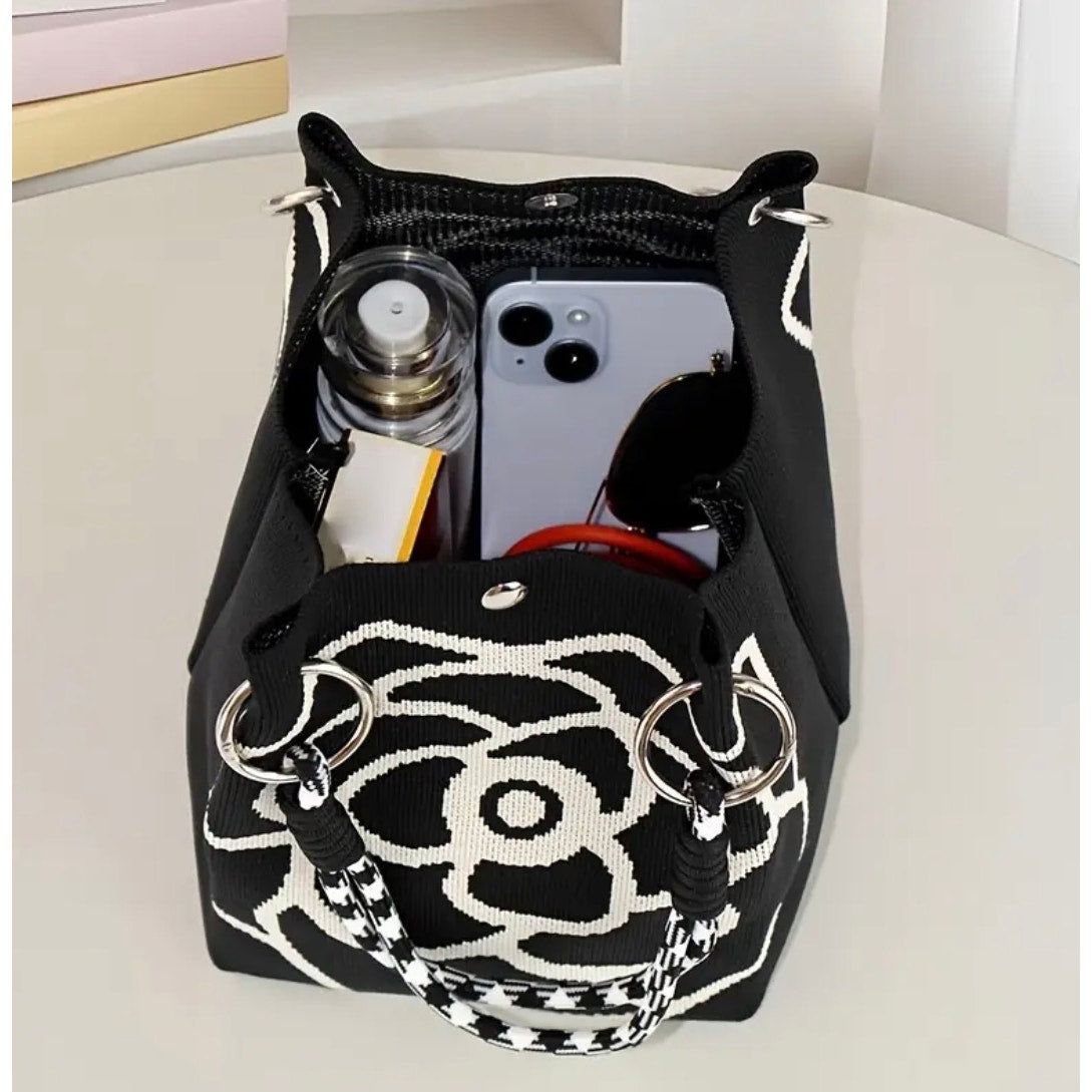 PURSE: White & Black Floral Polyester Shoulder Bag w/Magnetic Closure, NWOT