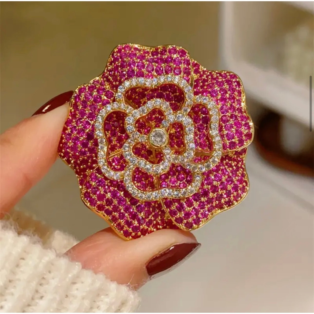 BROOCH: Vintage Style Elegant Pink & White Camellia 3D Pin w/Sparkling Gemstones