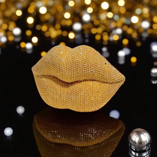 1 PC DECOR: Gold Glitter Beaded Resin Textured Lips Statue w/Sleek Finish, NIB