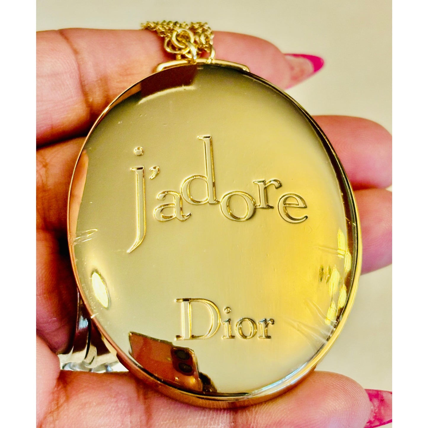 COMPACT MIRROR: j’adore DIOR Golden Tone w/Matching 3 Link Chain Wristlet, NWOT