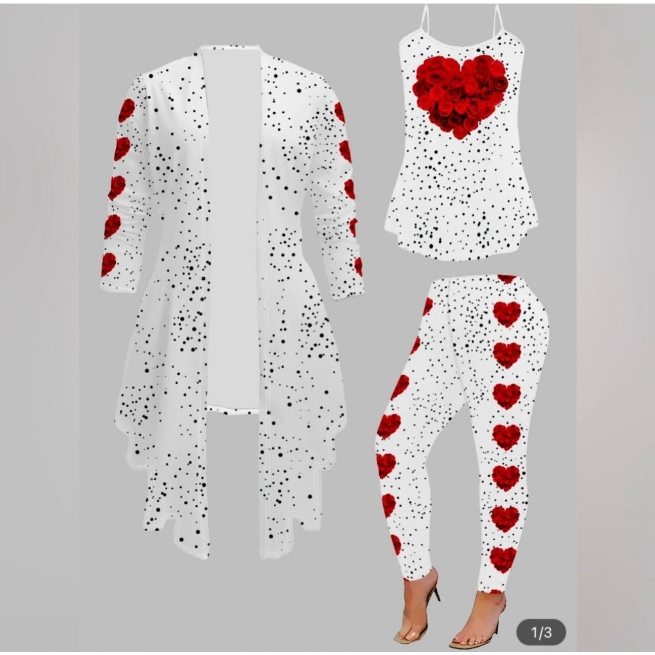 3 PIECE SET: White Jacket w/Rose Hearts, Matching Pants, and Tank Top, NWOT