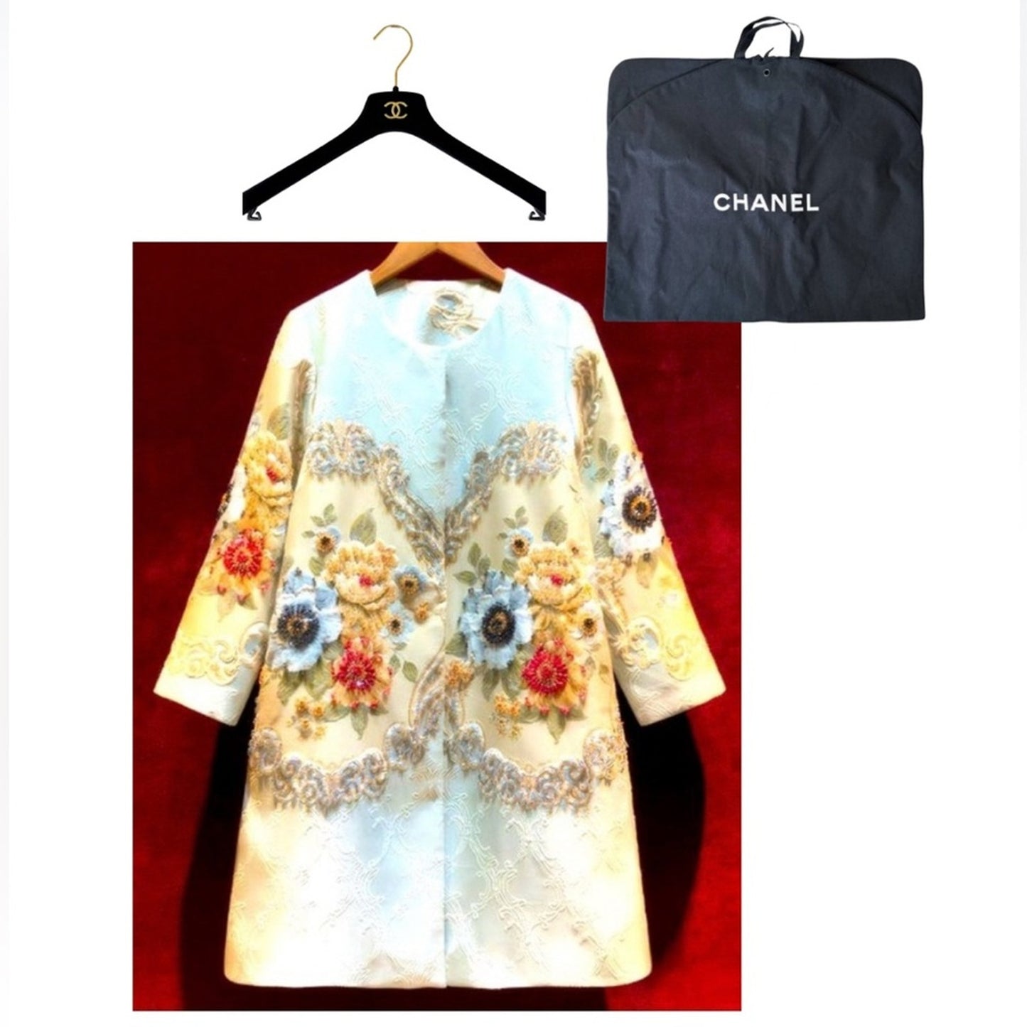 French Jacquard Coat w/3D Beaded Embellishment, Chanel Hanger & Garment Bag, EUC