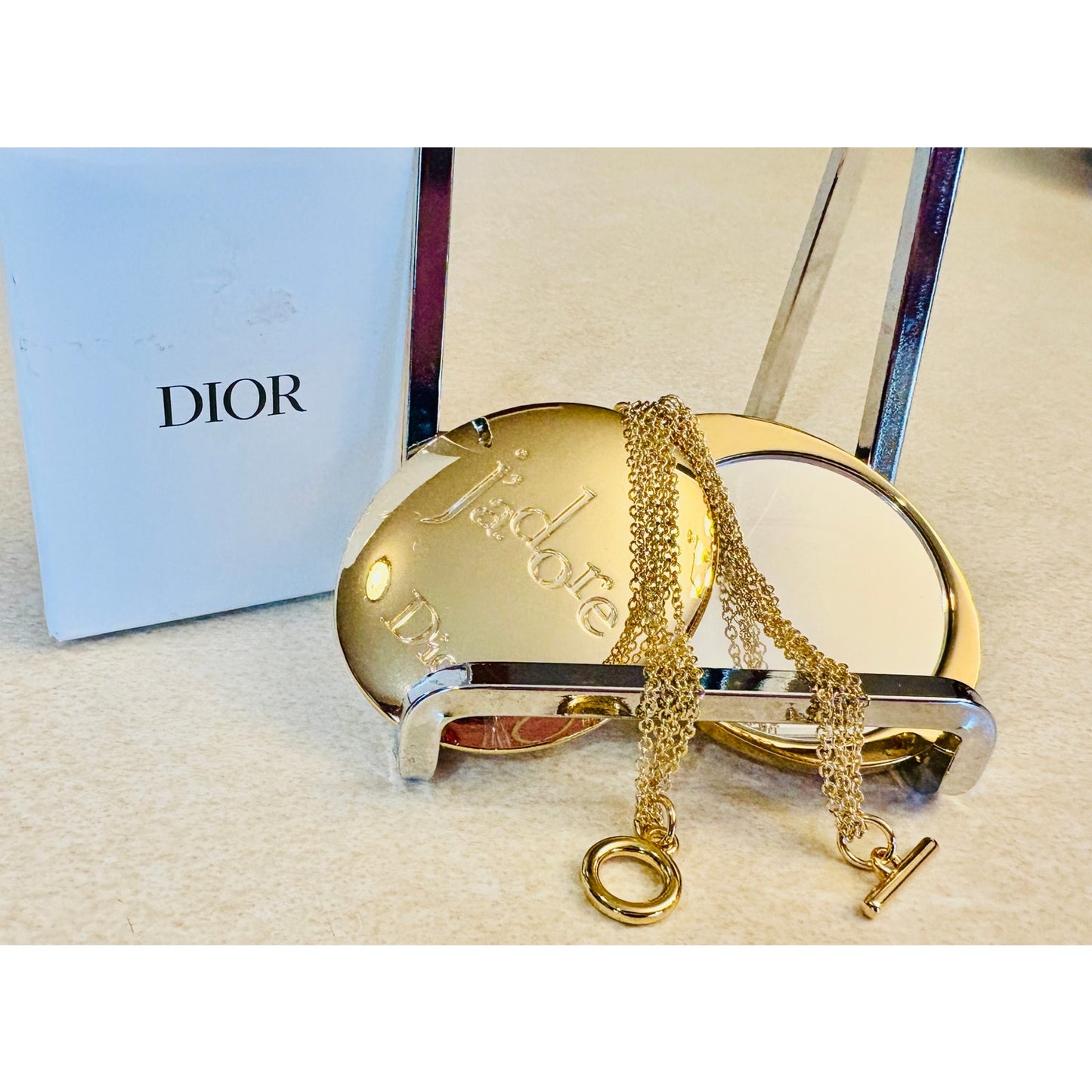 COMPACT MIRROR: j’adore DIOR Golden Tone w/Matching 3 Link Chain Wristlet, NWOT