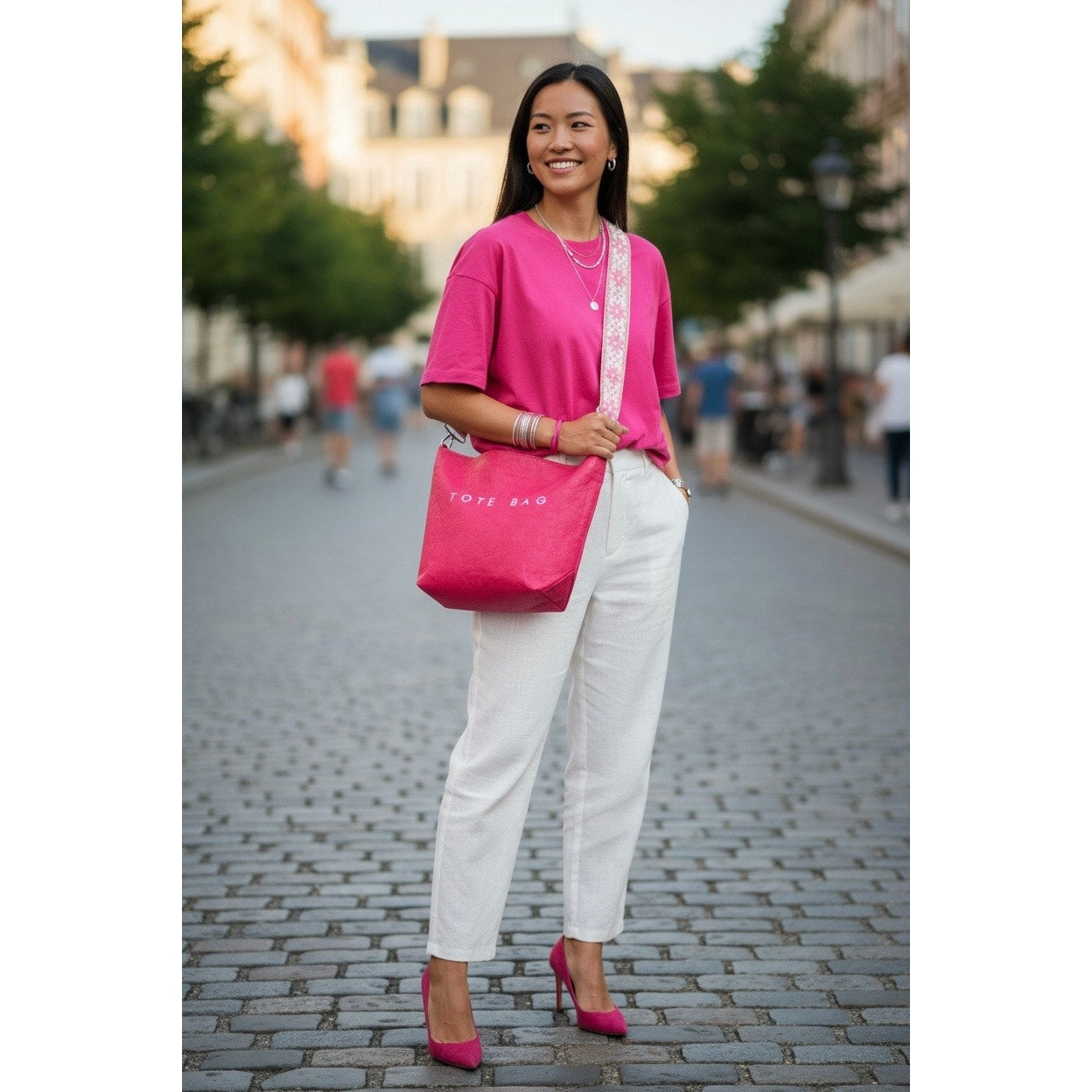 PURSE: Hot Pink & White Crossbody w/Wide Strap, Dustbag, NWOT