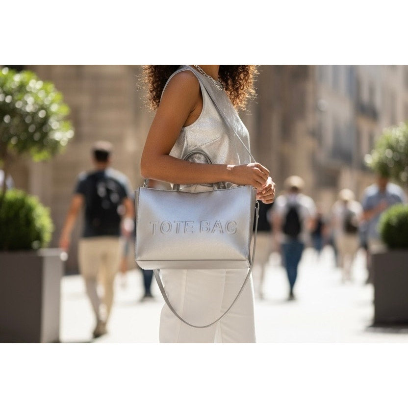 PURSE: Silver Pleather “TOTE BAG,” Lg Adj Crossbody w/Hardware Closure, NWOT