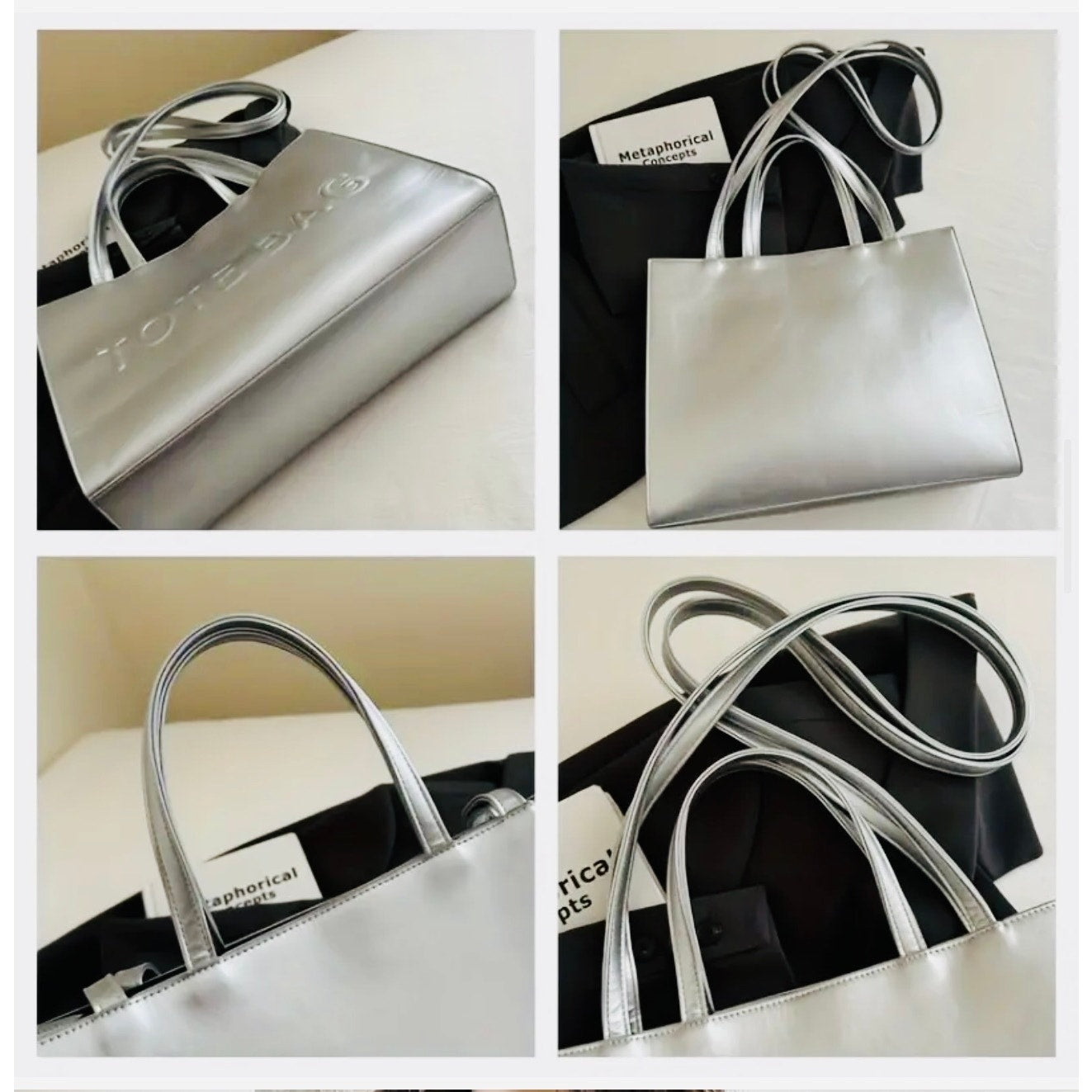 PURSE: Silver Pleather “TOTE BAG,” Lg Adj Crossbody w/Hardware Closure, NWOT