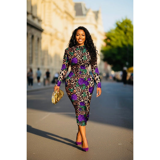 DRESS: Purple Floral w/Leaves & Cheetah Bodycon High Neck, & Long Sleeves, NWOT