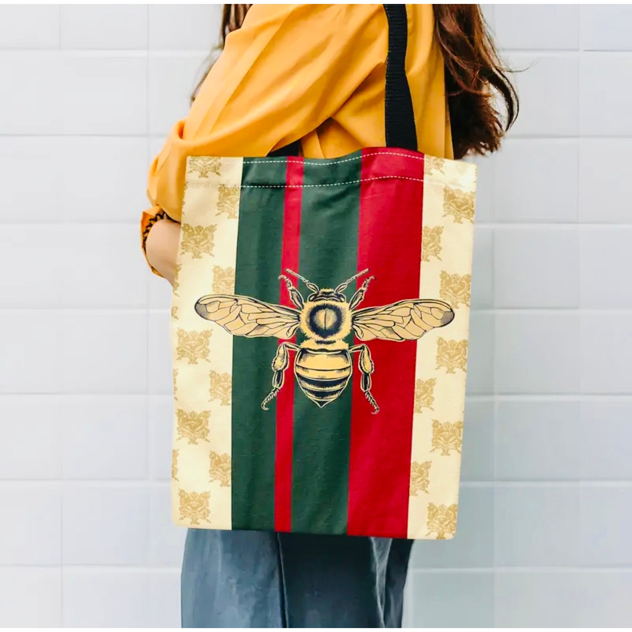 PURSE: Beige, Green, & Red Canvas Tote w/Bee Design, NWOT