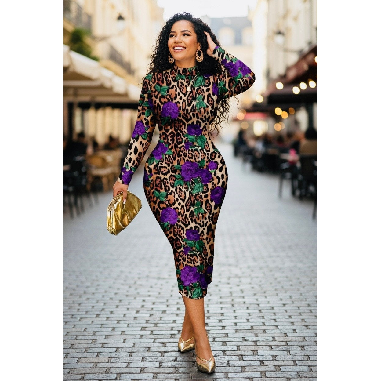 DRESS: Purple Floral w/Leaves & Cheetah Bodycon High Neck, & Long Sleeves, NWOT