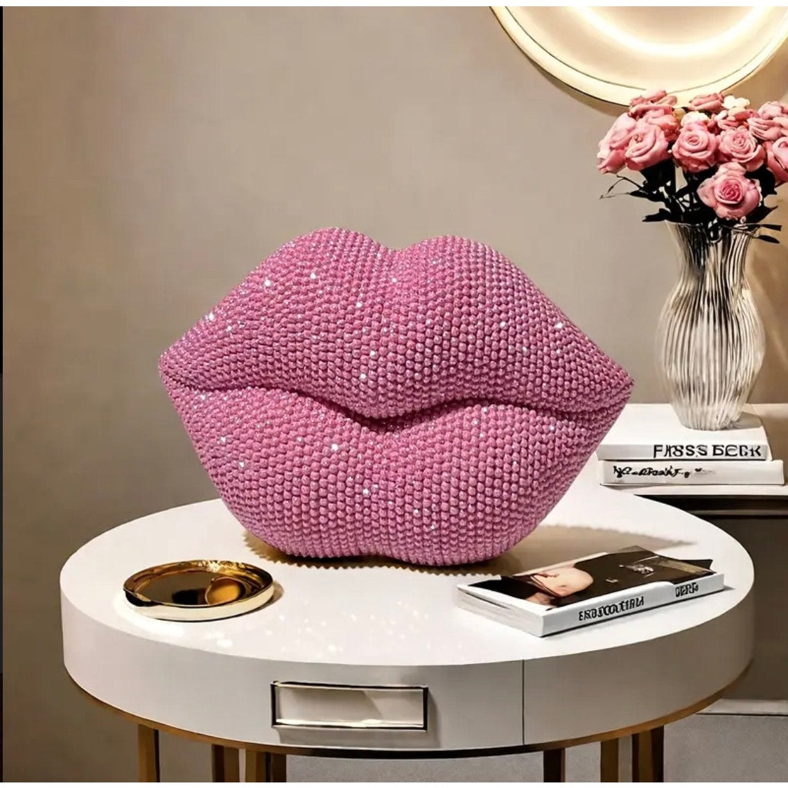 1 PC DECOR: Pink Glitter Beaded Resin Textured Lips Statue w/Sleek Finish, NIB