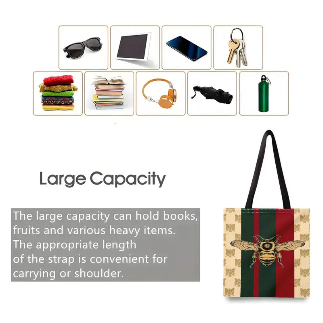 PURSE: Beige, Green, & Red Canvas Tote w/Bee Design, NWOT