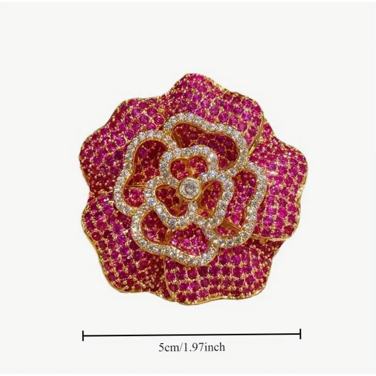 BROOCH: Vintage Style Elegant Pink & White Camellia 3D Pin w/Sparkling Gemstones