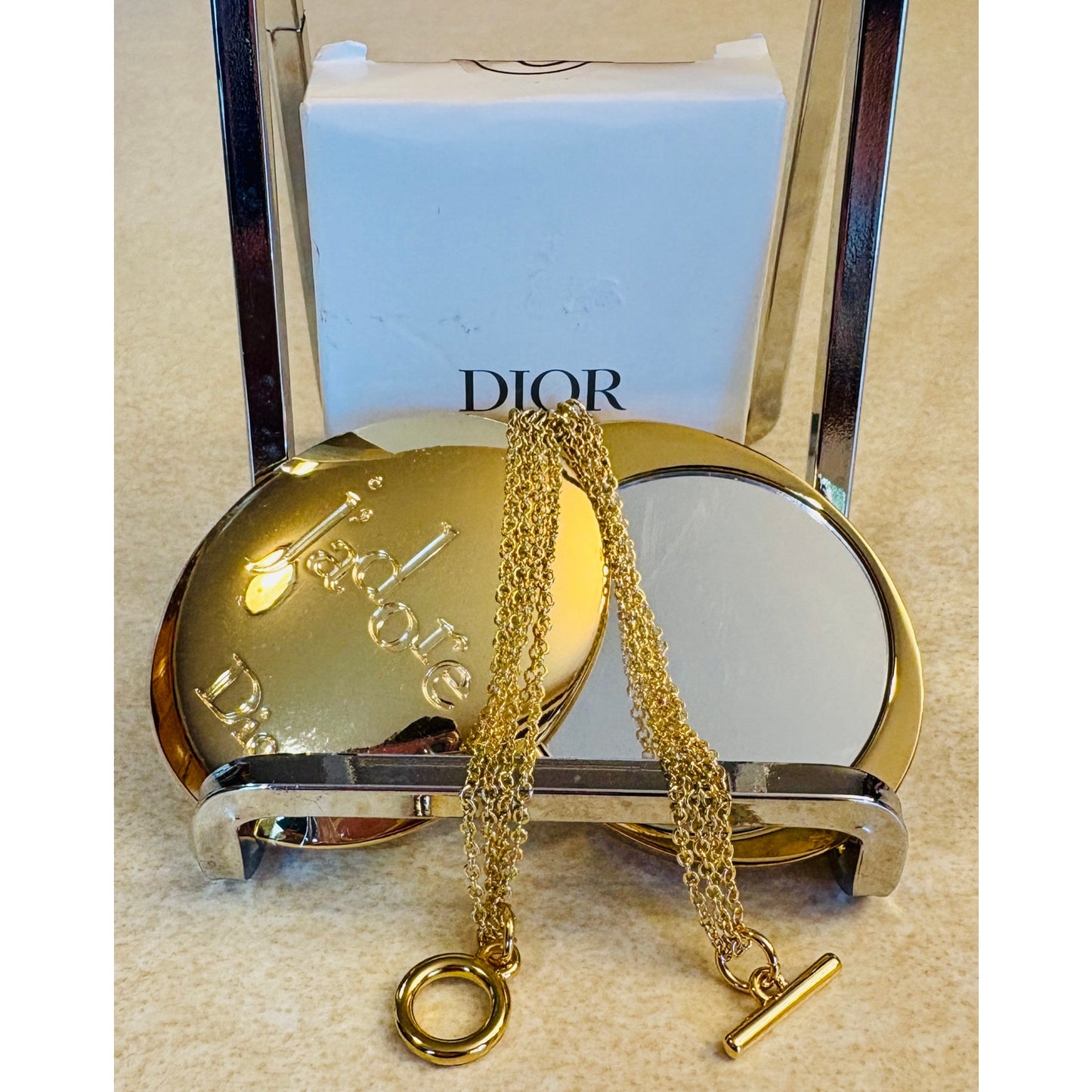 COMPACT MIRROR: j’adore DIOR Golden Tone w/Matching 3 Link Chain Wristlet, NWOT