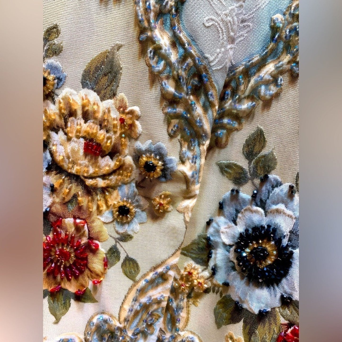 French Jacquard Coat w/3D Beaded Embellishment, Chanel Hanger & Garment Bag, EUC