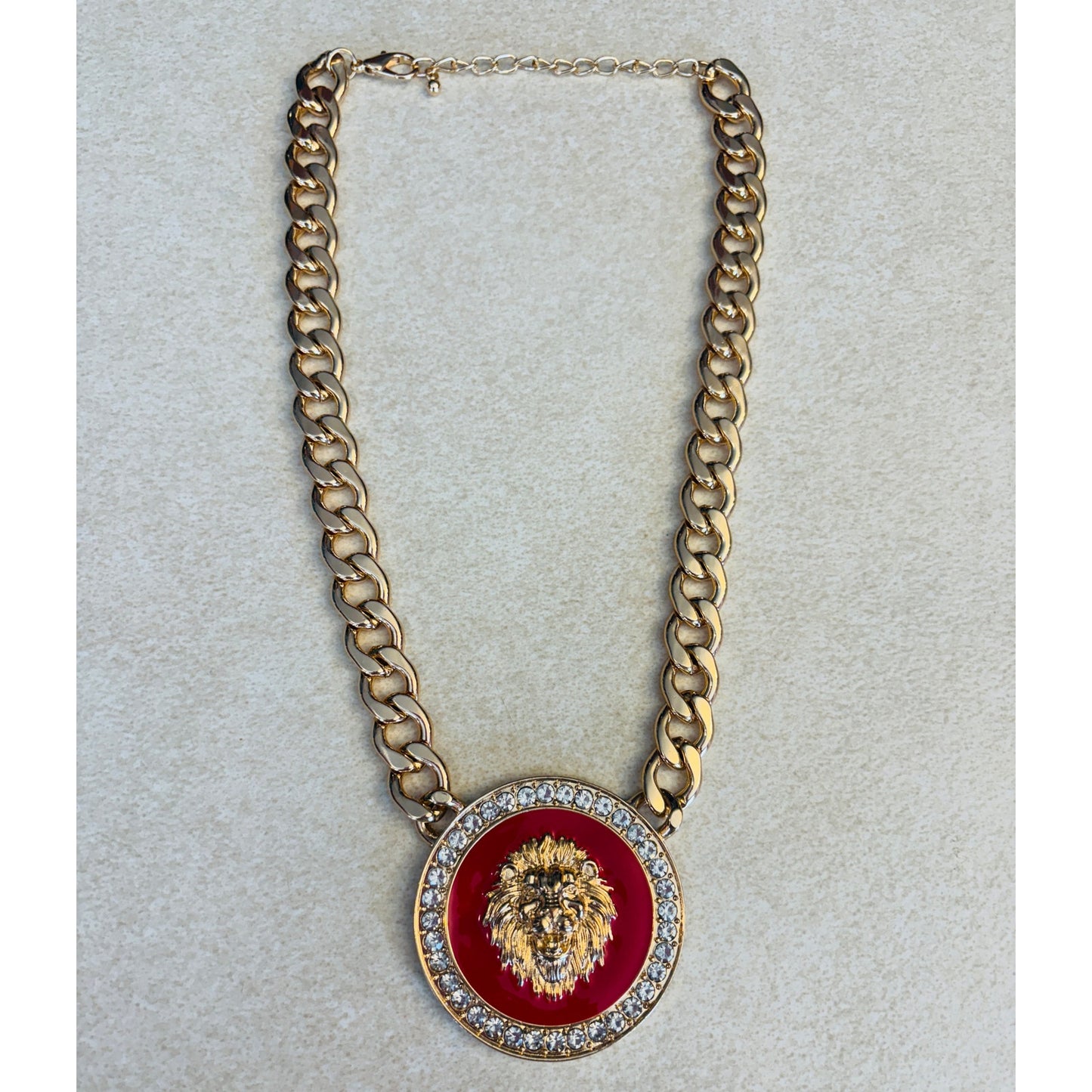 NECKLACE: Lion Head Pendant w/Red Enamel, Gold-Tone & Rhinestones, NIP