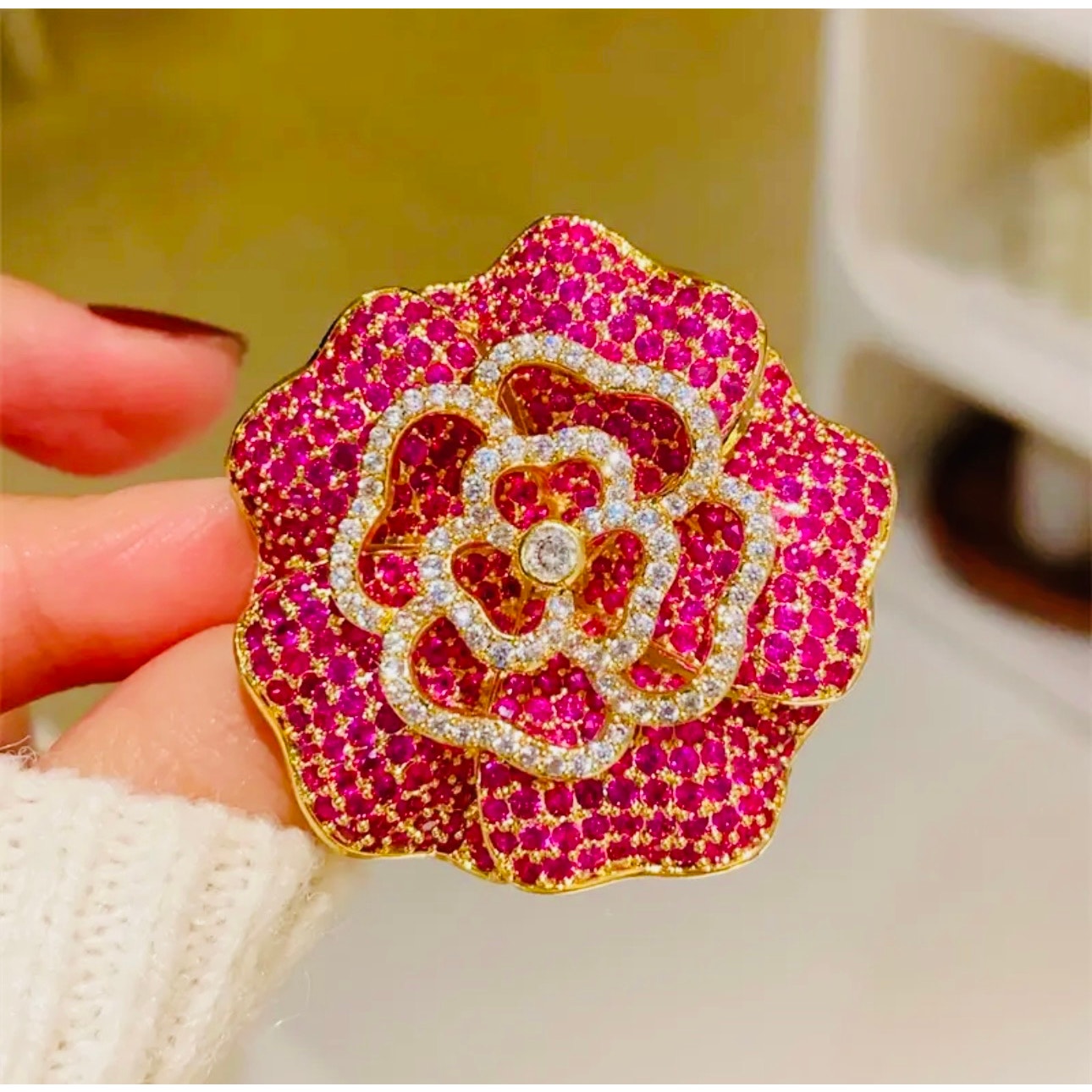 BROOCH: Vintage Style Elegant Pink & White Camellia 3D Pin w/Sparkling Gemstones