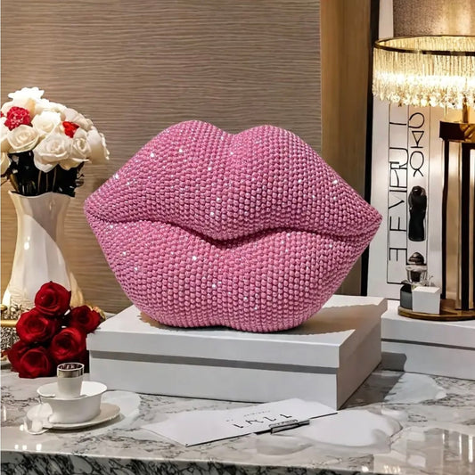 1 PC DECOR: Pink Glitter Beaded Resin Textured Lips Statue w/Sleek Finish, NIB