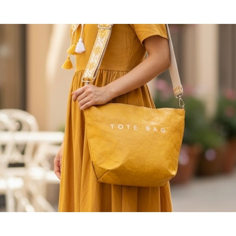 PURSE: Mustard/Yellowish-Brown & White Crossbody w/Wide Strap, Dustbag, NWOT