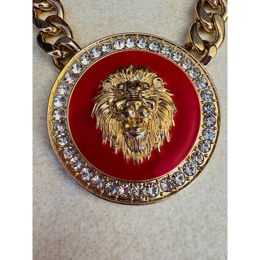 NECKLACE: Lion Head Pendant w/Red Enamel, Gold-Tone & Rhinestones, NIP