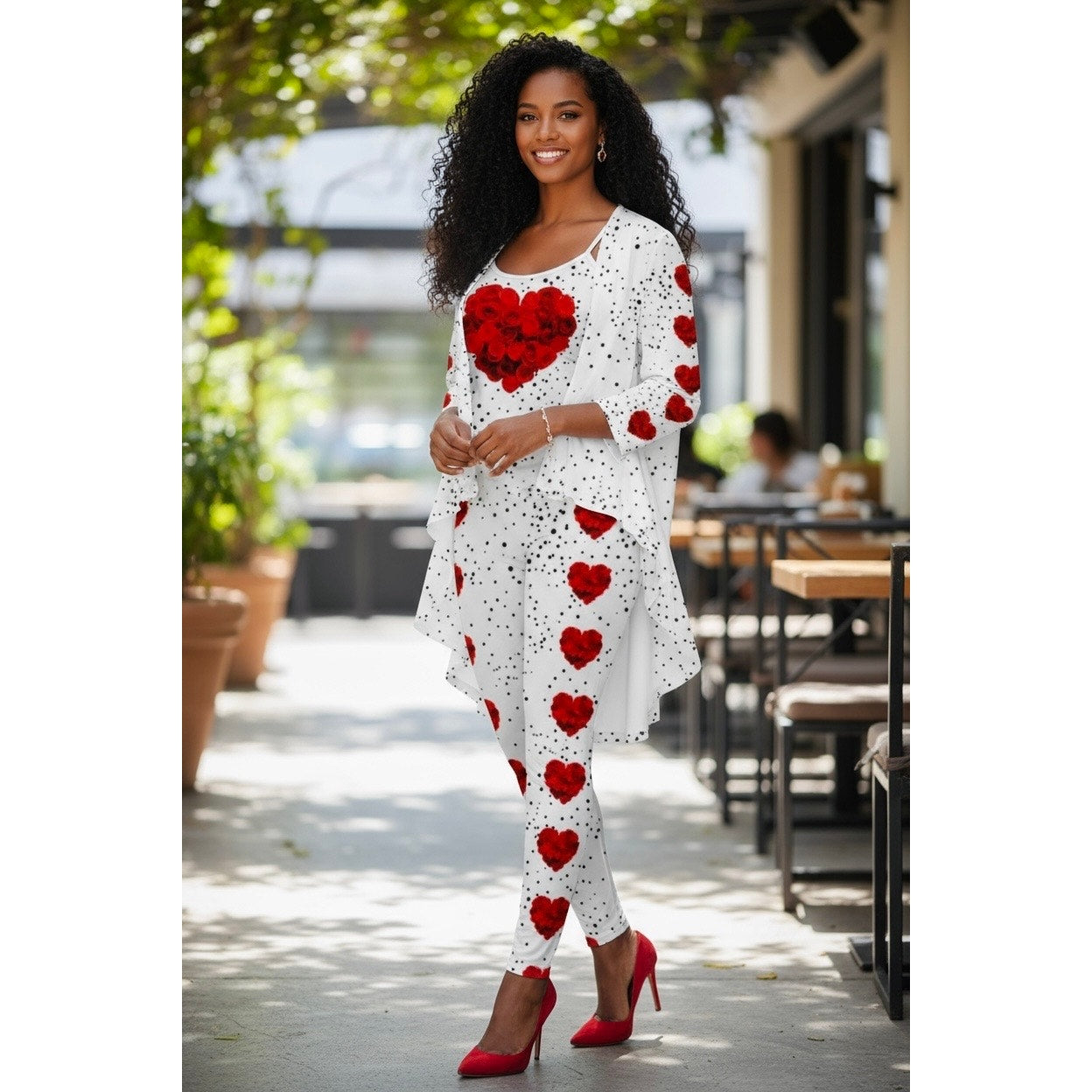 3 PIECE SET: White Jacket w/Rose Hearts, Matching Pants, and Tank Top, NWOT