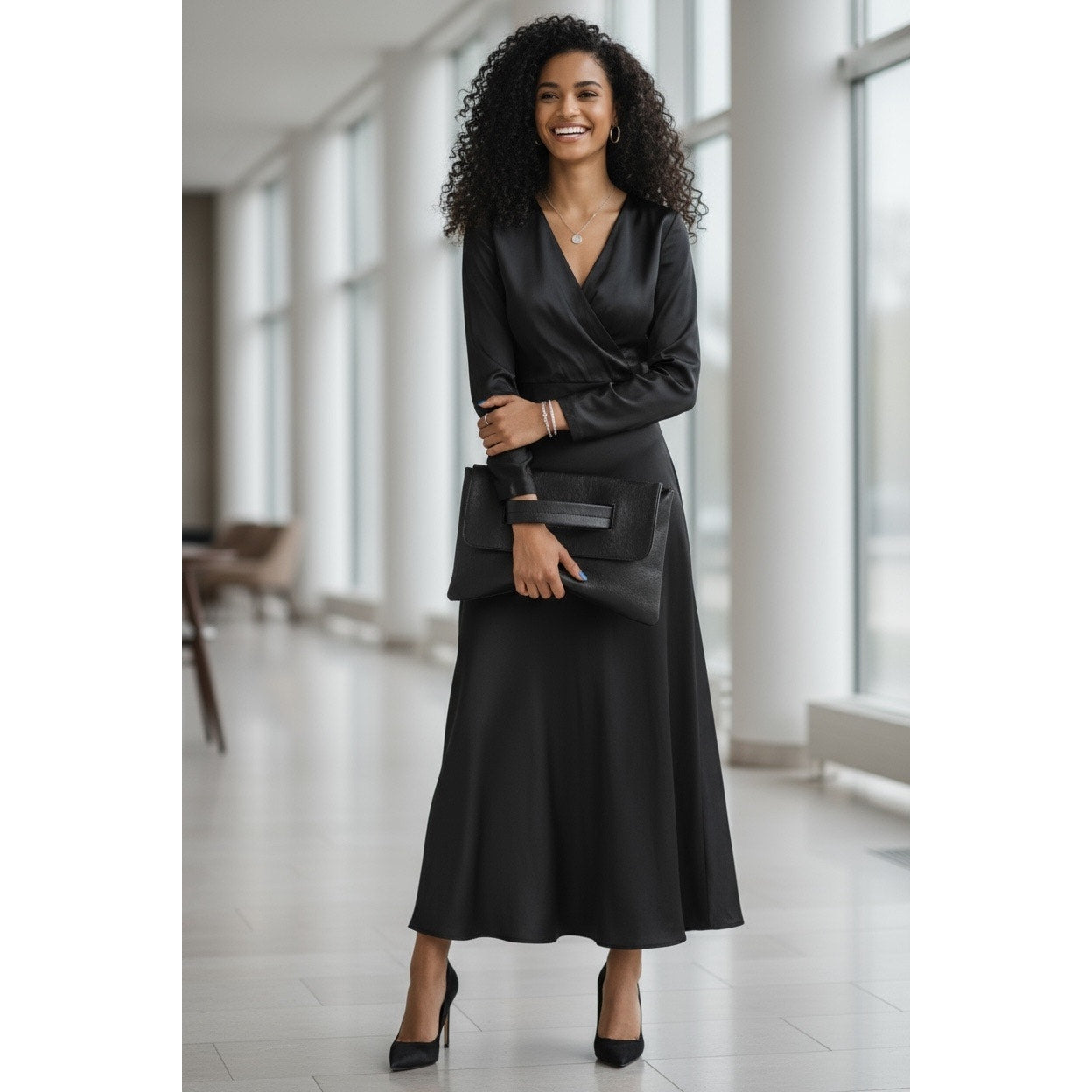 CLUTCH WRISTLET: Black High-Quality Faux Leather Large Capacity Purse, NIP