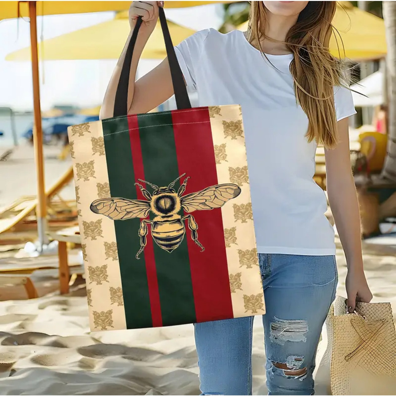 PURSE: Beige, Green, & Red Canvas Tote w/Bee Design, NWOT