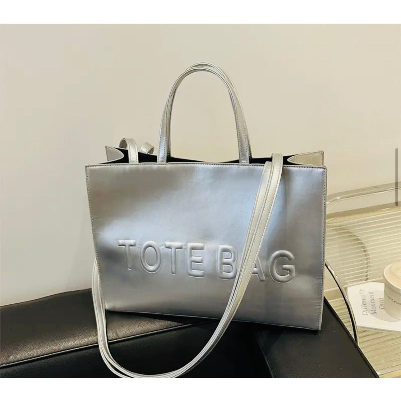 PURSE: Silver Pleather “TOTE BAG,” Lg Adj Crossbody w/Hardware Closure, NWOT