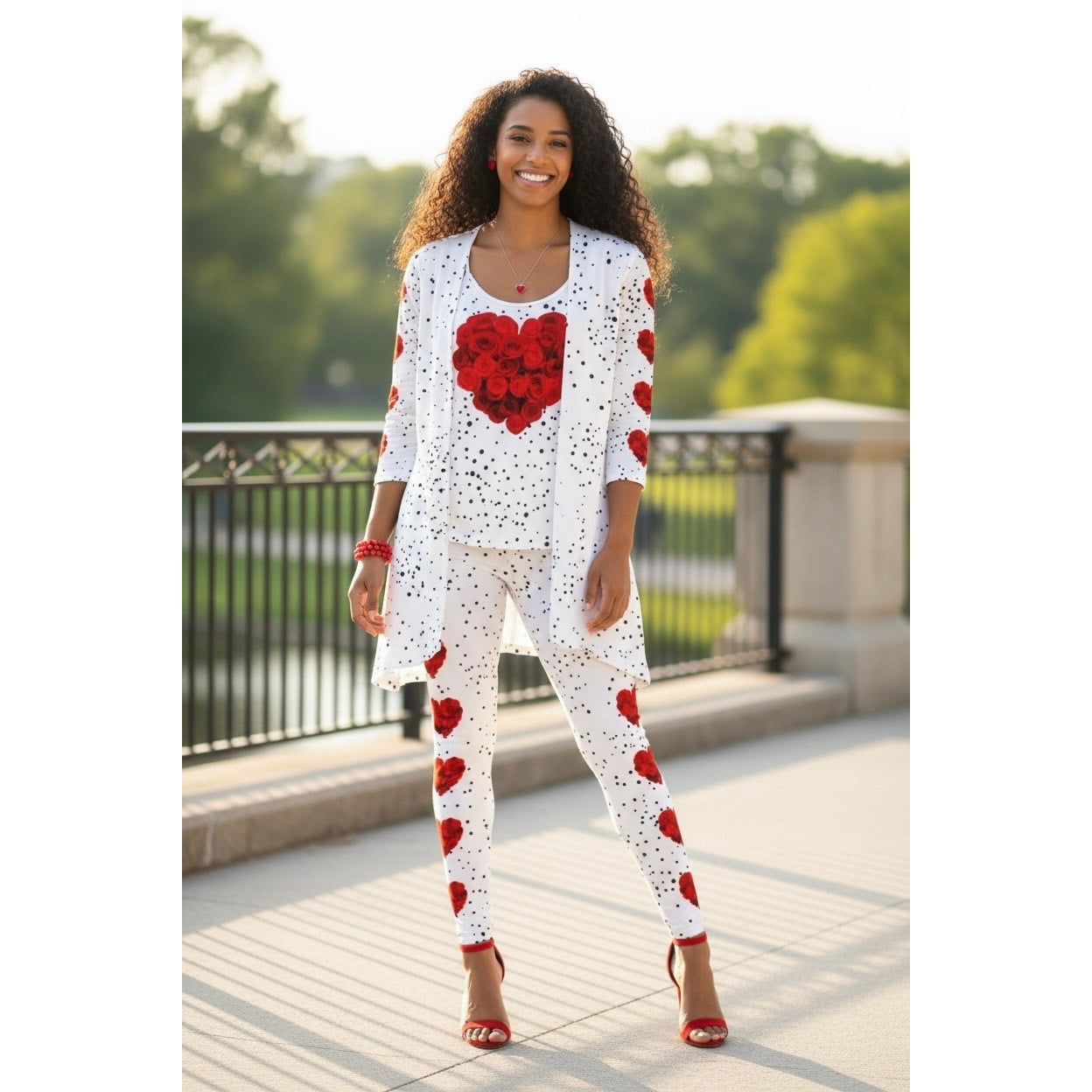 3 PIECE SET: White Jacket w/Rose Hearts, Matching Pants, and Tank Top, NWOT