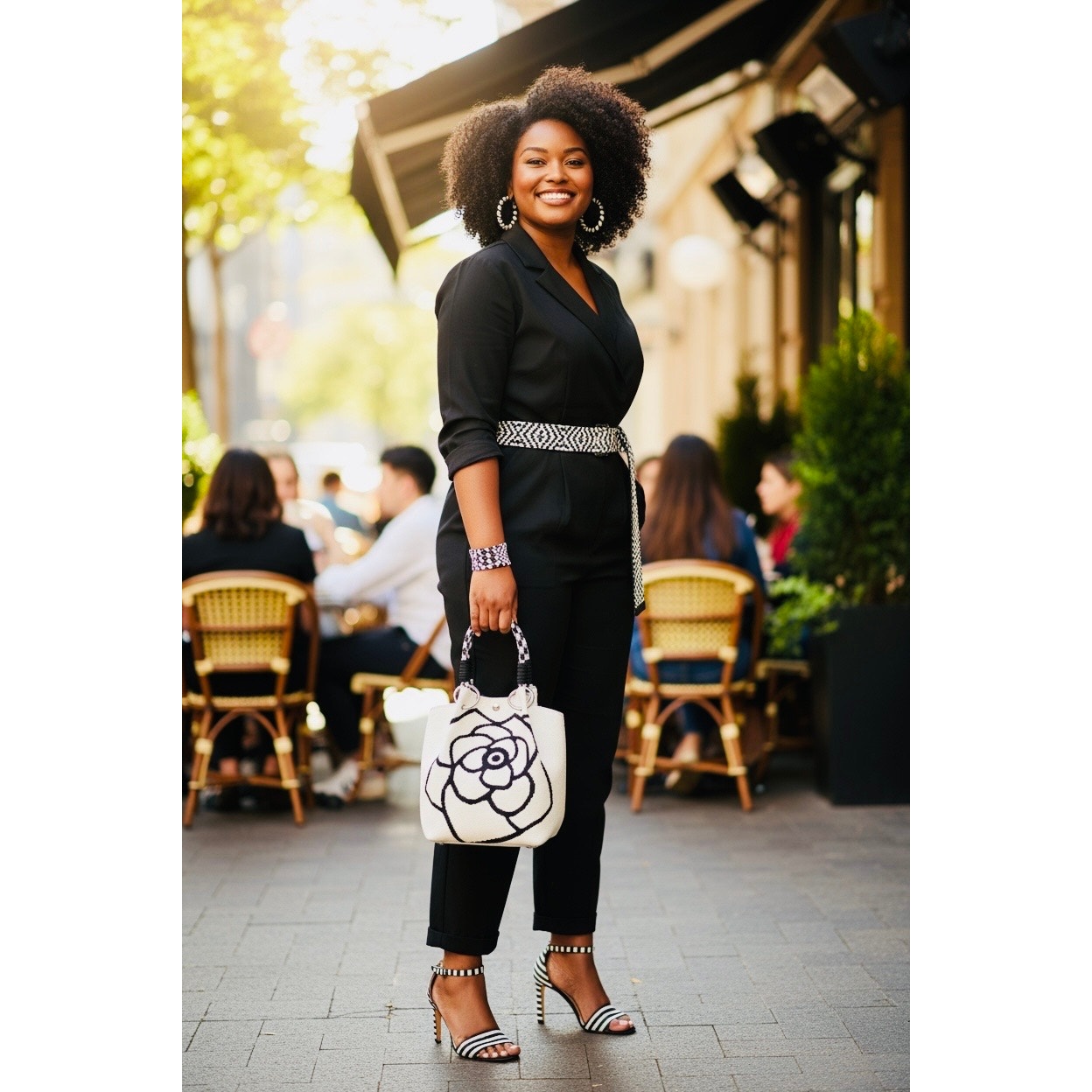 PURSE: White & Black Floral Polyester Shoulder Bag w/Magnetic Closure, NWOT