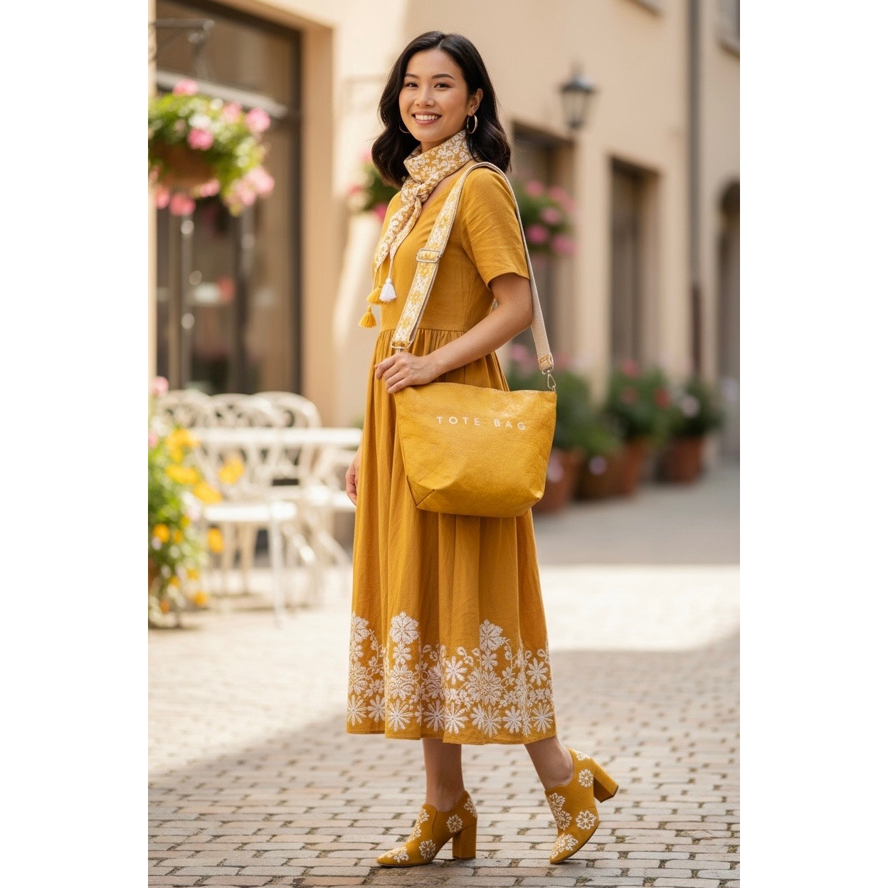 PURSE: Mustard/Yellowish-Brown & White Crossbody w/Wide Strap, Dustbag, NWOT