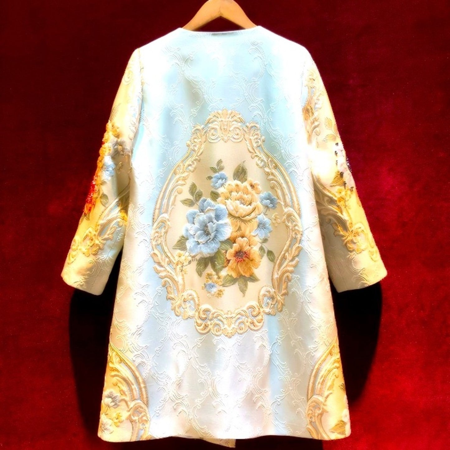 French Jacquard Coat w/3D Beaded Embellishment, Chanel Hanger & Garment Bag, EUC