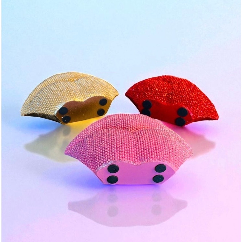 1 PC DECOR: Gold Glitter Beaded Resin Textured Lips Statue w/Sleek Finish, NIB