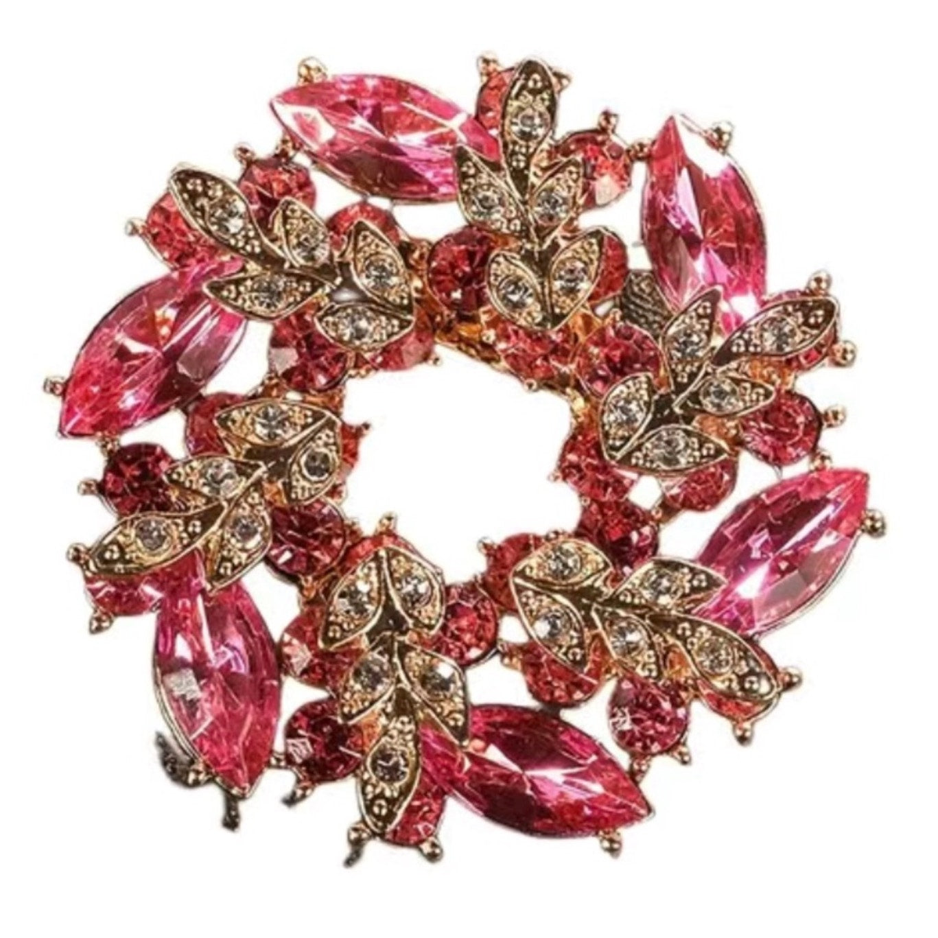 BROOCH: Vintage Style Elegant Pink Gold Tone, & White 3D Pin w/Sparkling Gemstones, NIP