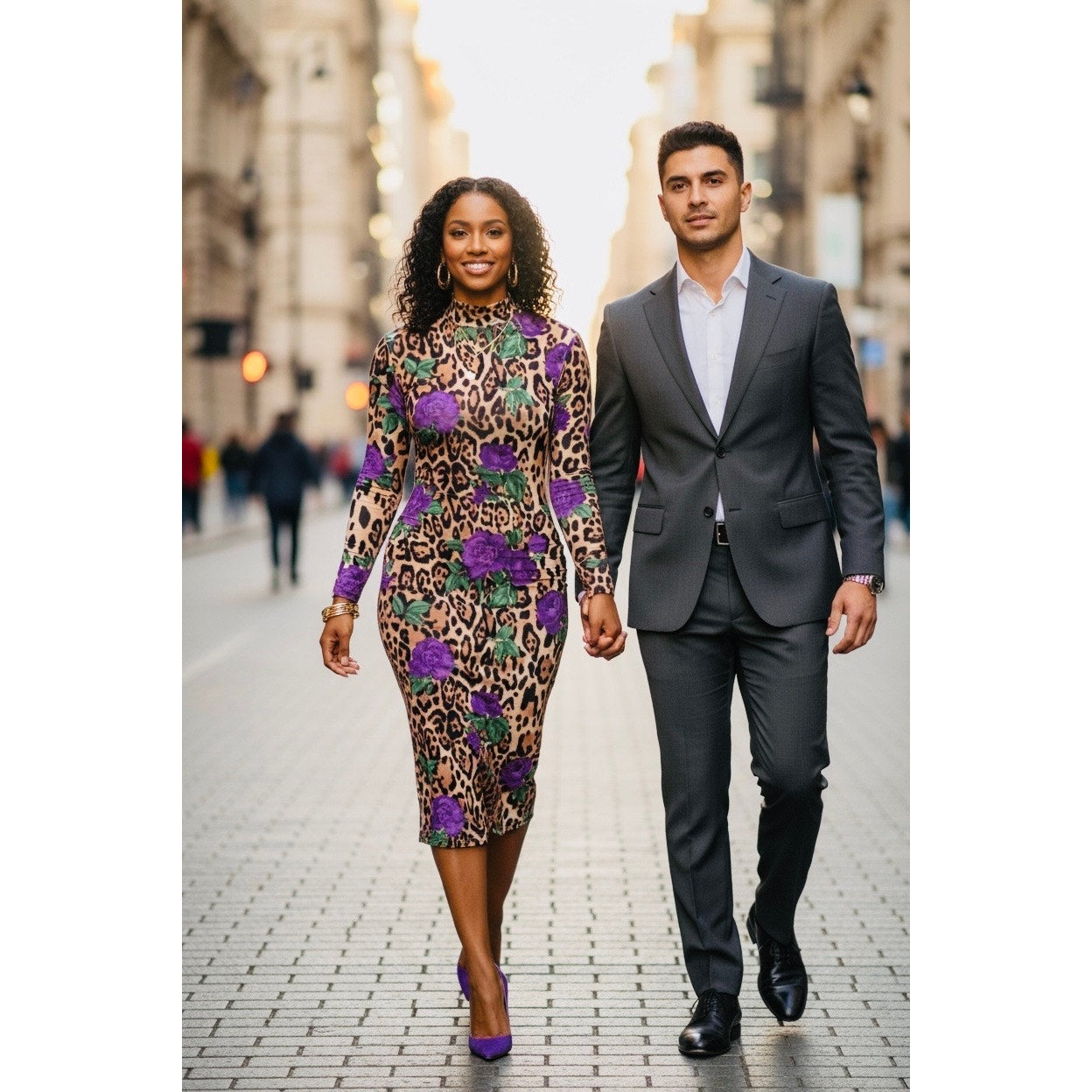 DRESS: Purple Floral w/Leaves & Cheetah Bodycon High Neck, & Long Sleeves, NWOT